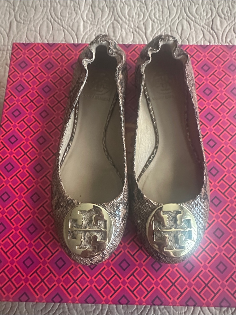 Tory Burch Bronze Snakeskin Reva Logo Ballet Flats